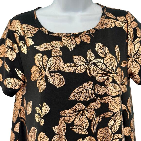 Lularoe Carly Metallic Gold Foil Floral Black Shirt Short Sleeve Dress size XS - Picture 4 of 11
